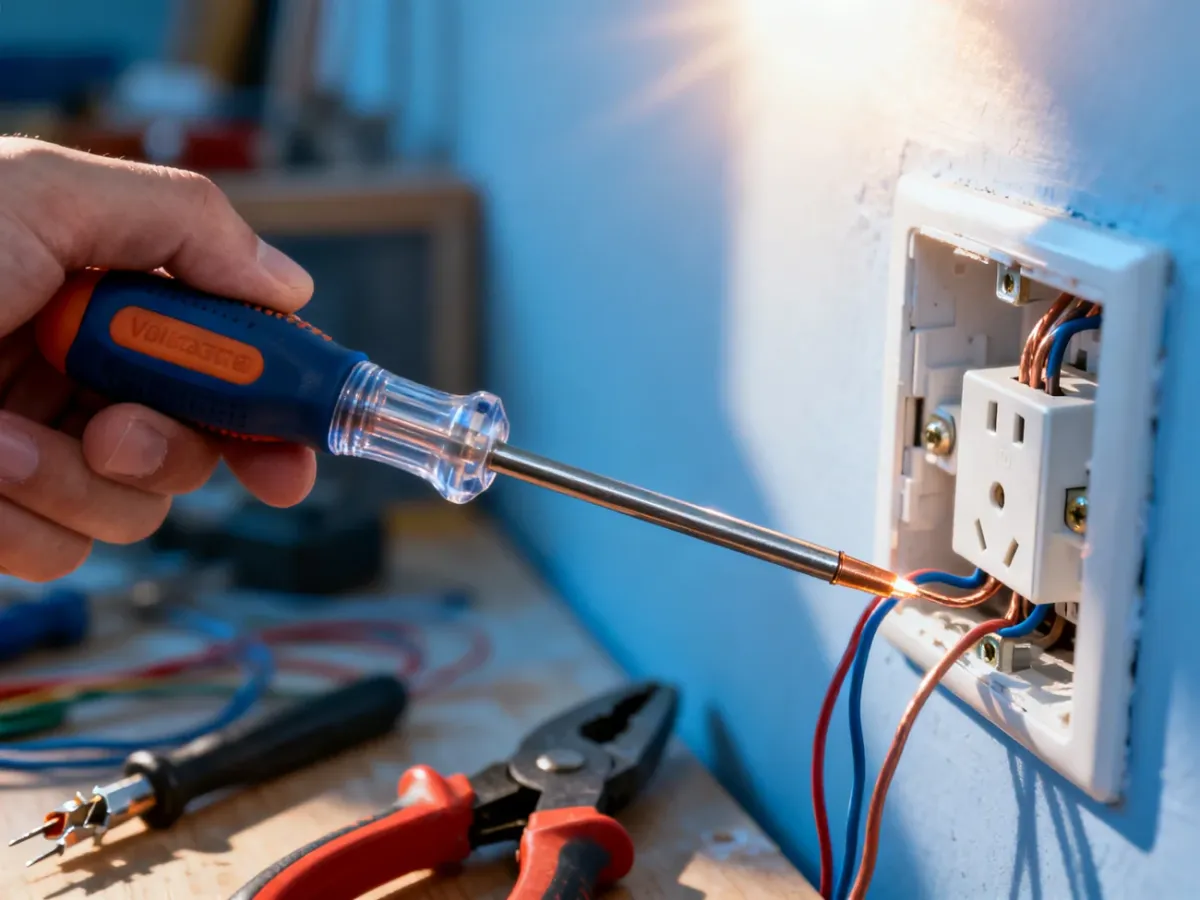 Dłoń elektryka używająca próbnika napięcia do sprawdzenia przewodu w gniazdku elektrycznym.