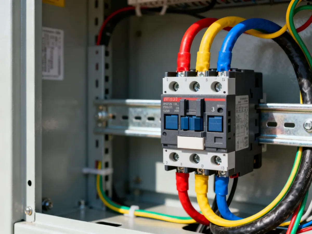 Stycznik trójfazowy zamontowany na szynie DIN w rozdzielnicy z estetycznie podłączonymi przewodami elektrycznymi.