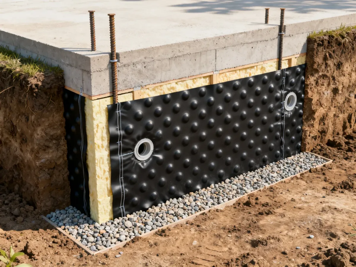 Przekrój ściany fundamentowej z folią kubełkową, hydroizolacją i warstwą gruntu