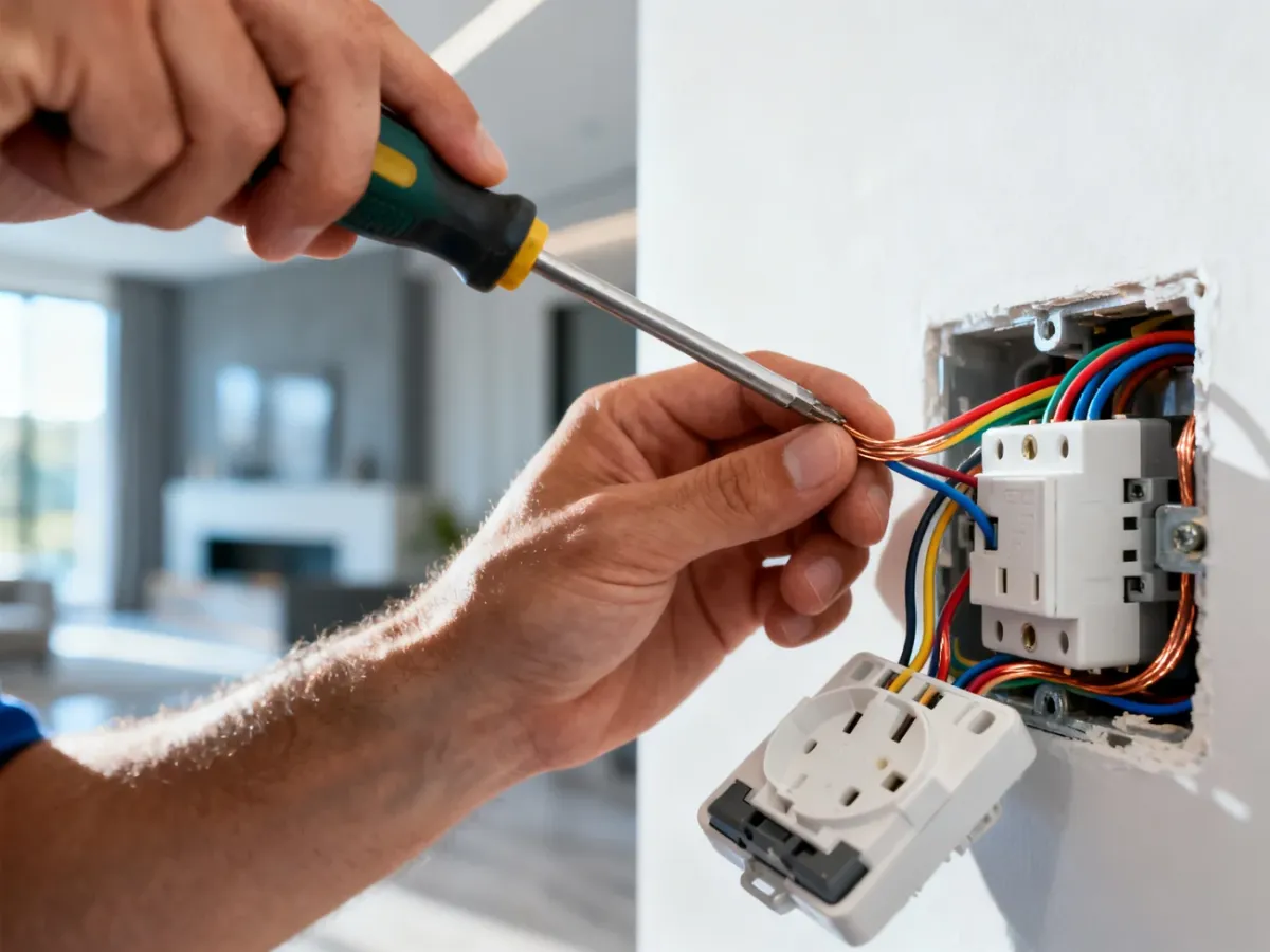 Elektryk podłącza przewody do gniazdka ściennego za pomocą śrubokręta, ukazując detale instalacji elektrycznej.