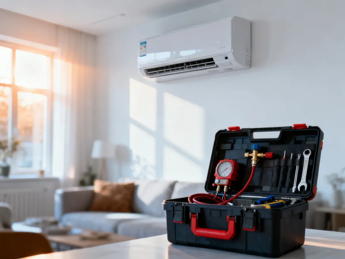 Jednostka wewnętrzna klimatyzacji zamontowana na ścianie w nowoczesnym salonie obok zestawu narzędzi instalacyjnych.