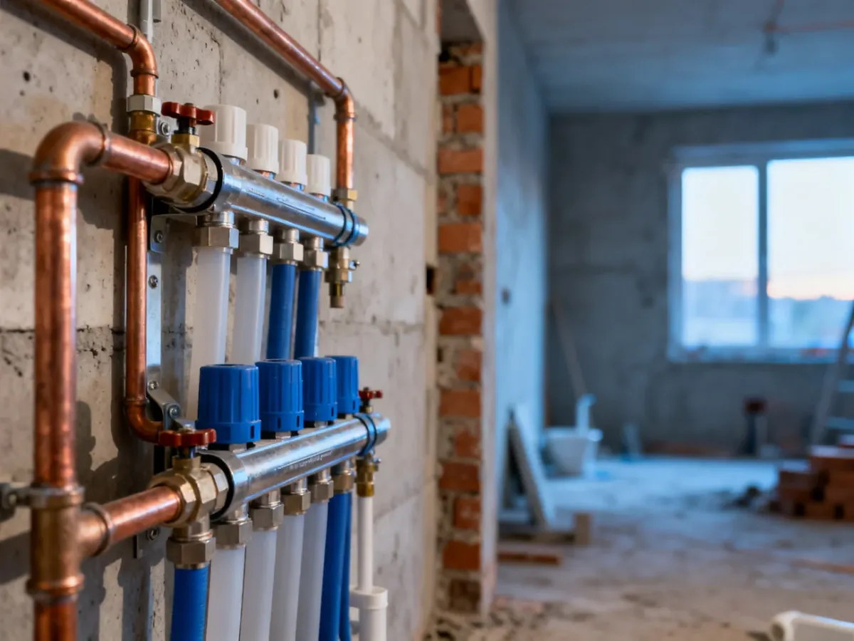 Przekrój przez ścianę budynku prezentujący układ rur miedzianych i z tworzyw sztucznych w nowoczesnej instalacji sanitarnej.
