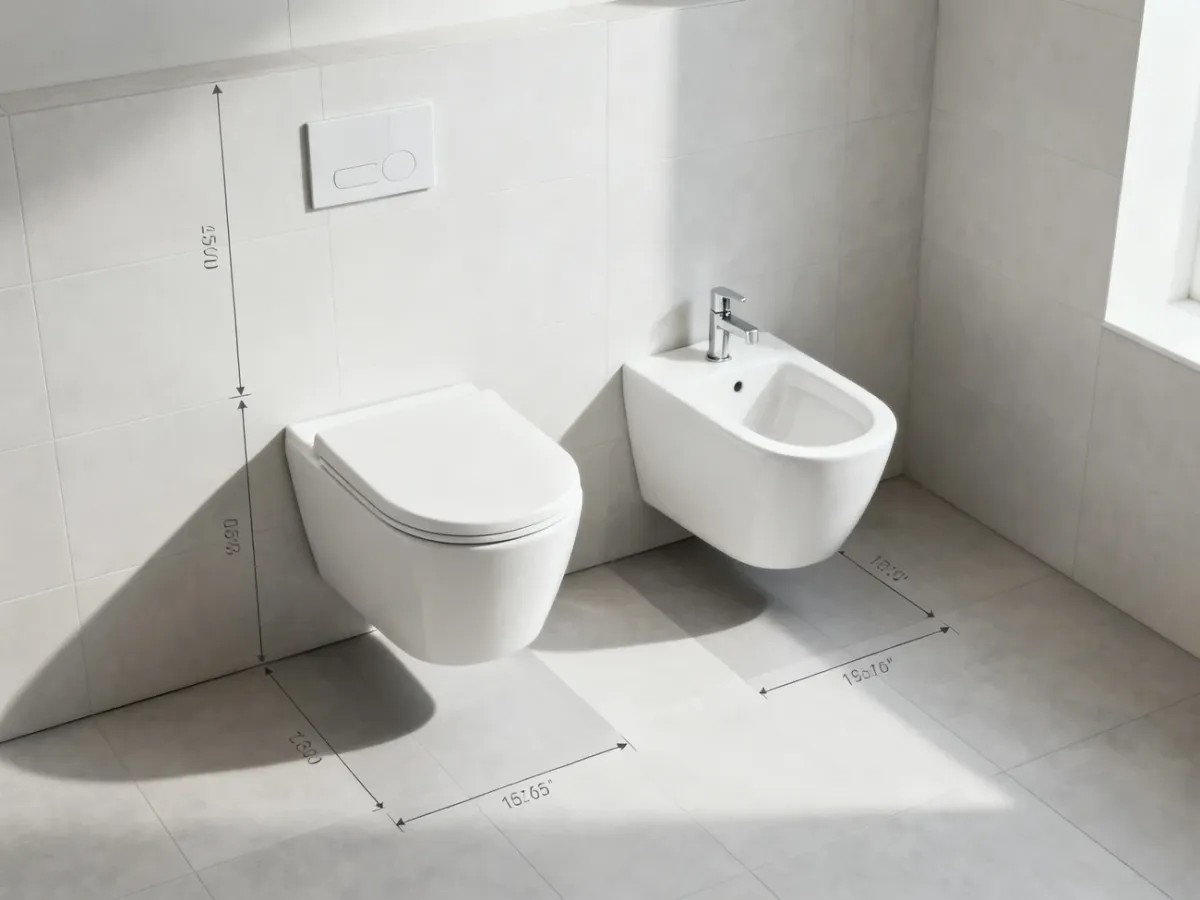 Układ WC i bidetu z zaznaczonymi strefami użytkowymi w łazience