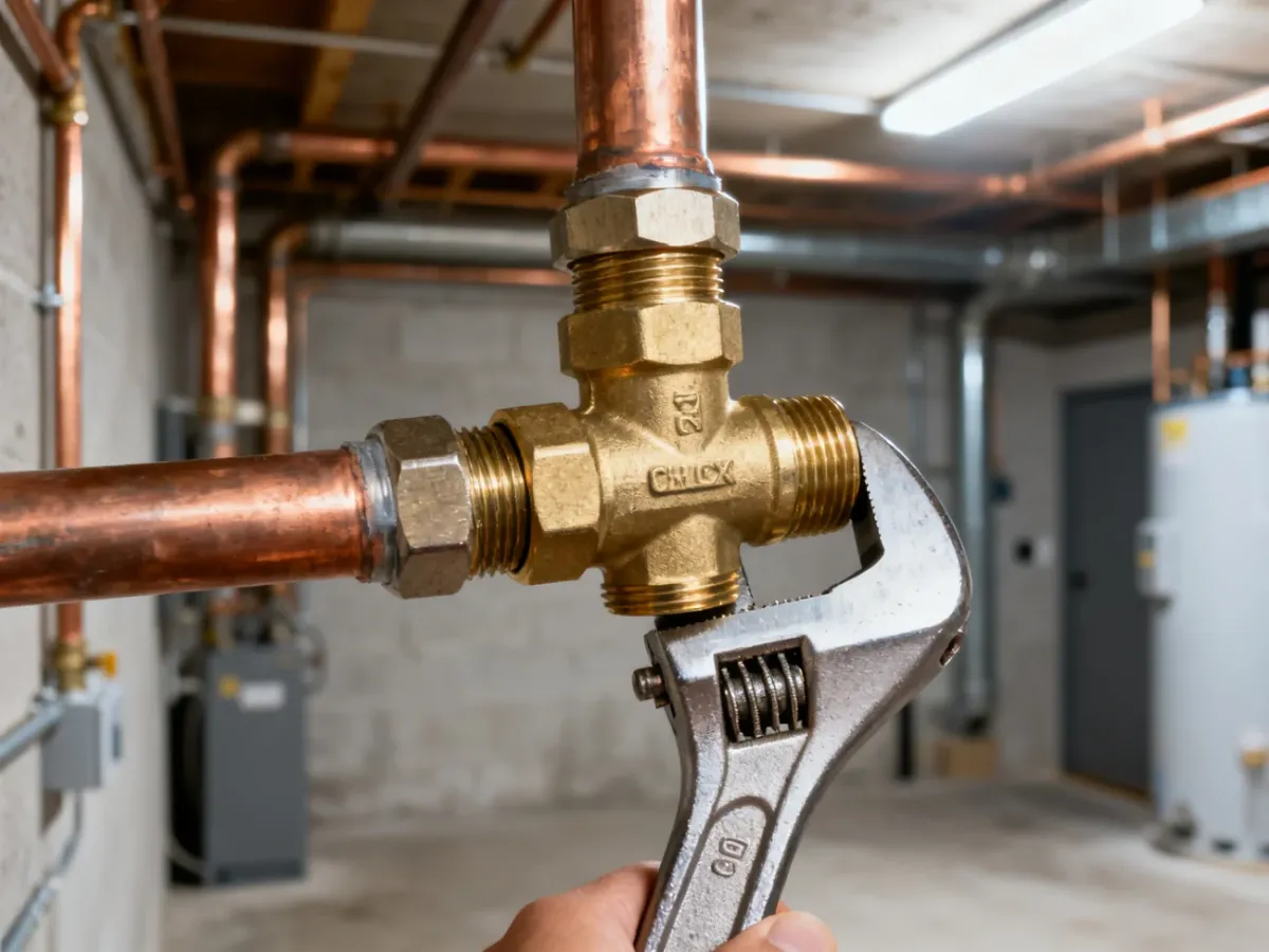 Mosiężny zawór zwrotny przykręcany kluczem do miedzianej instalacji hydraulicznej w nowoczesnej kotłowni.