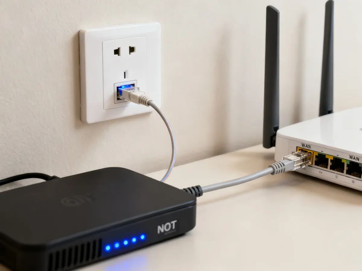 Gniazdo światłowodowe połączone z terminalem ONT i routerem Wi-Fi