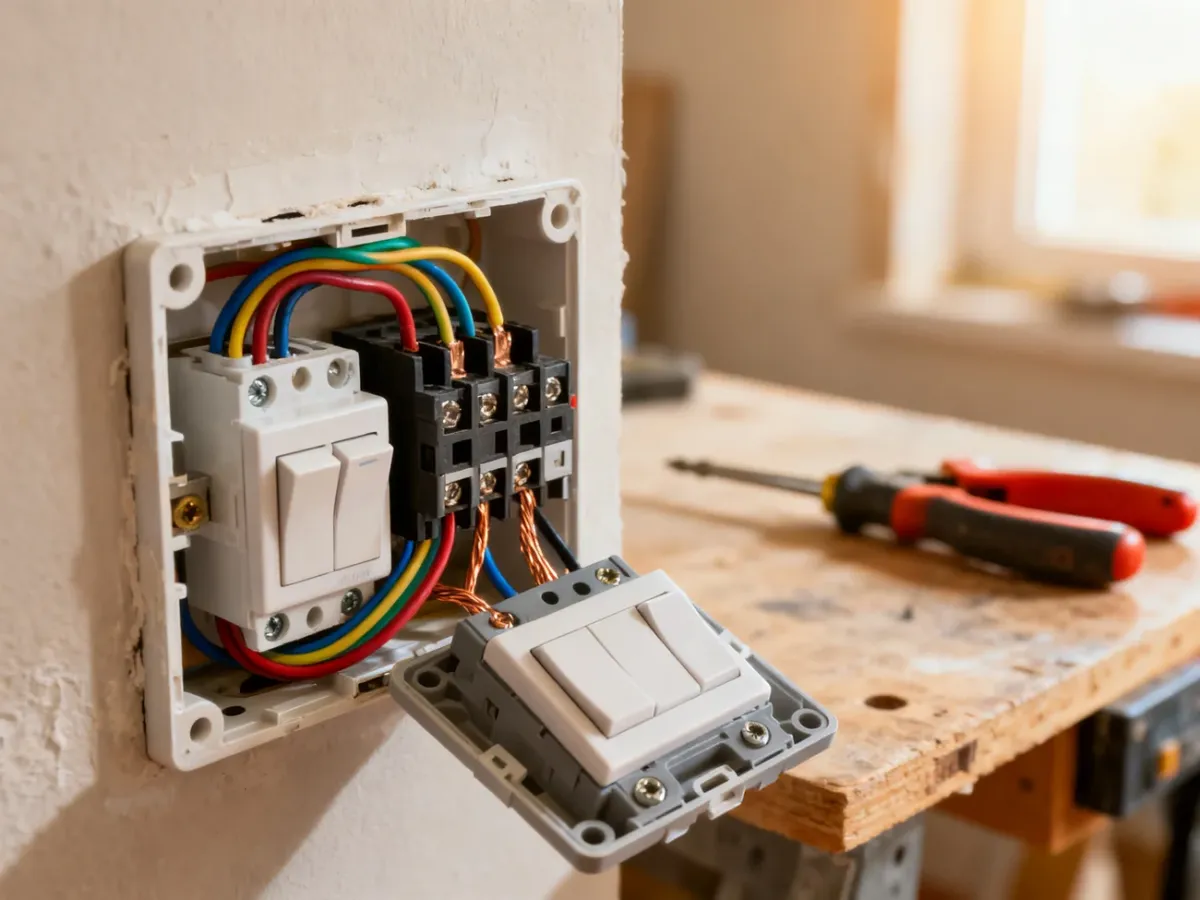 Zbliżenie na otwartą puszkę elektryczną z kolorowymi przewodami podłączonymi do włącznika światła podczas montażu.