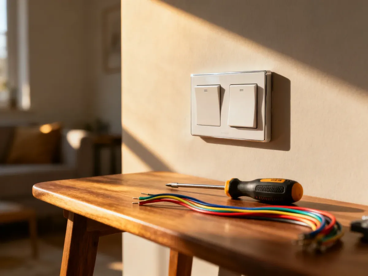 Nowoczesny włącznik podwójny na ścianie wraz z narzędziami i przewodami przygotowanymi do montażu elektrycznego.