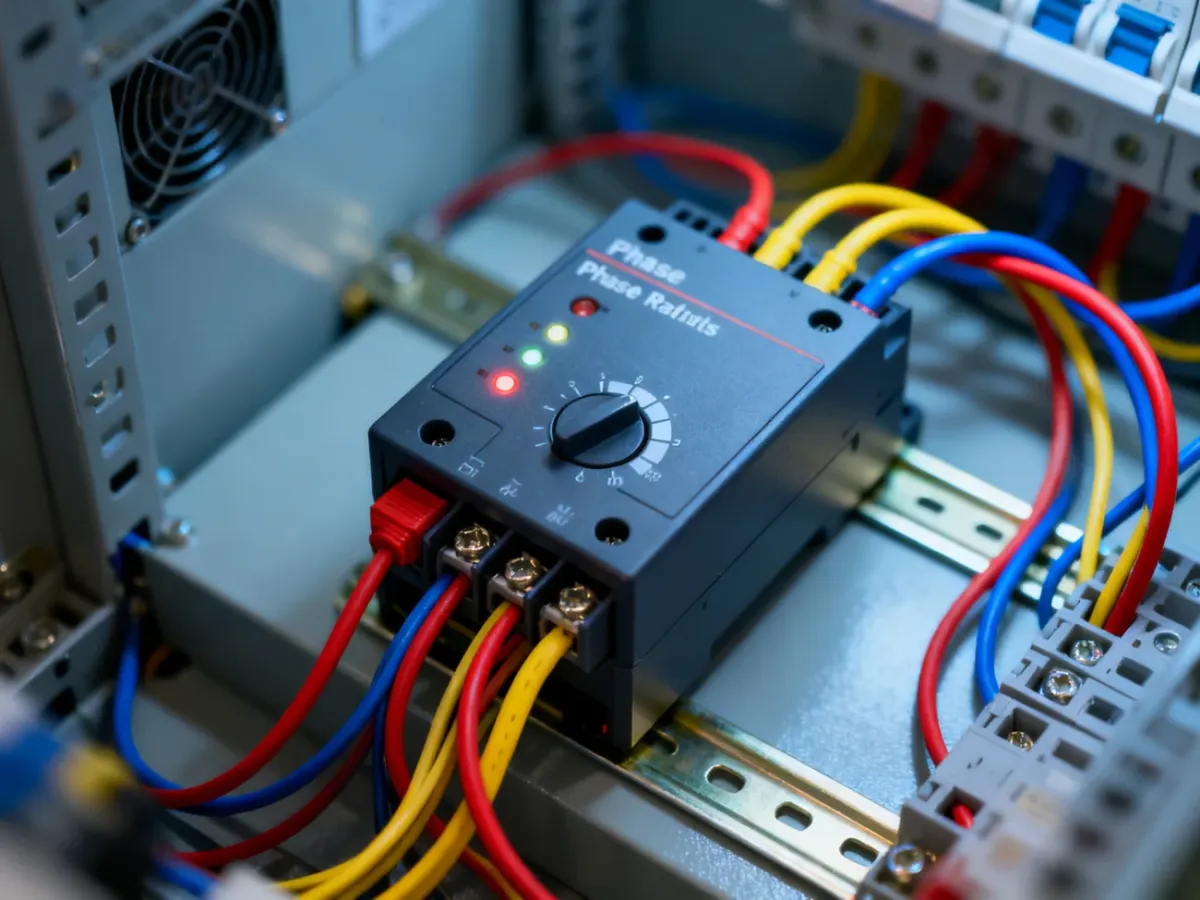 Przekaźnik zaniku fazy zamontowany na szynie DIN w rozdzielnicy elektrycznej z uporządkowanym okablowaniem.