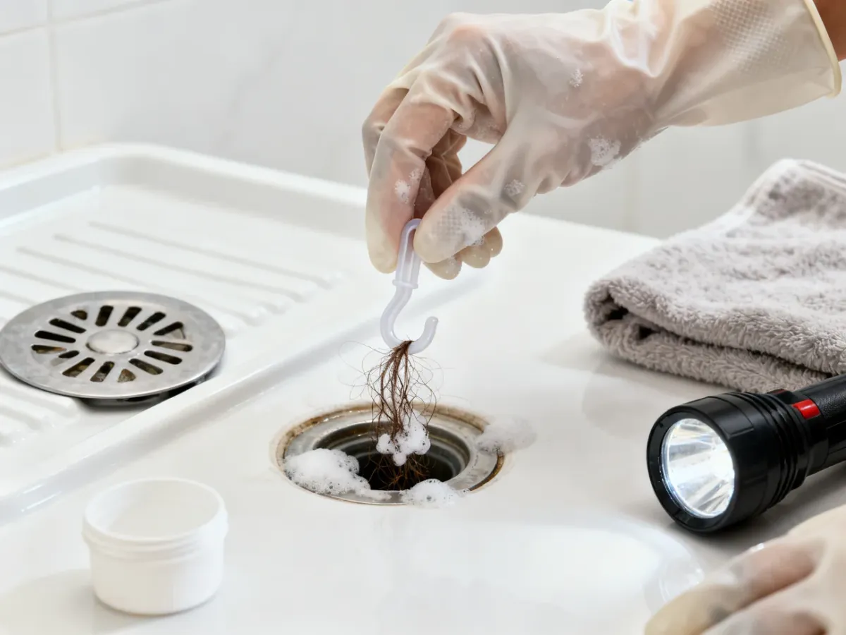 Czyszczenie syfonu brodzika z włosów i osadu za pomocą plastikowego haczyka