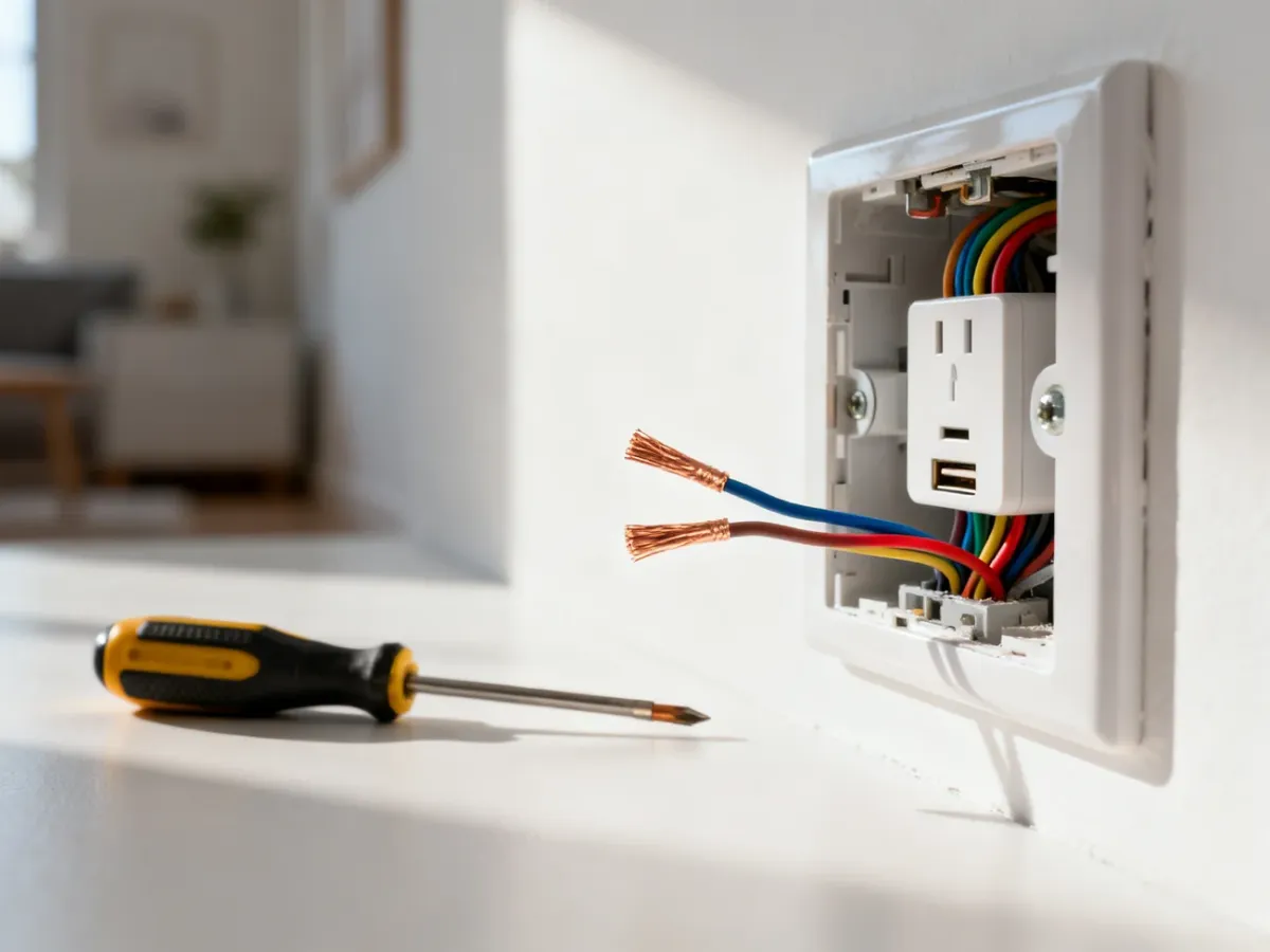 Odsłonięte przewody w puszce elektrycznej przygotowane do montażu gniazda USB wraz ze śrubokrętem na ścianie.