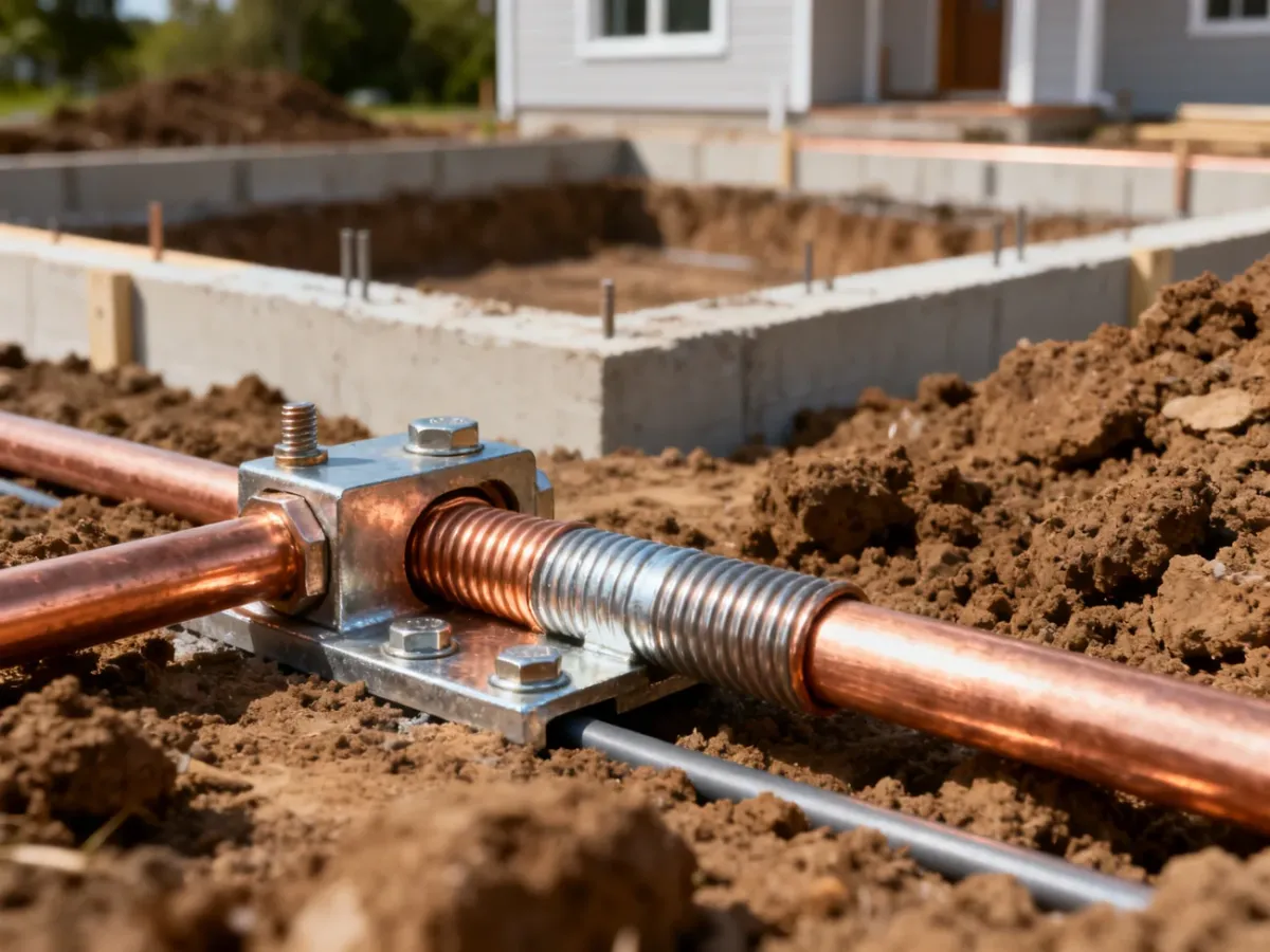Elementy uziomu i połączeń instalacji odgromowej przy fundamencie budynku