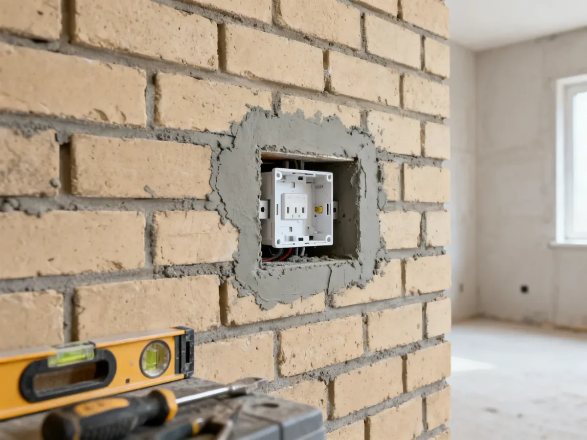 Puszka elektryczna wypoziomowana w otworze w solidnej ścianie