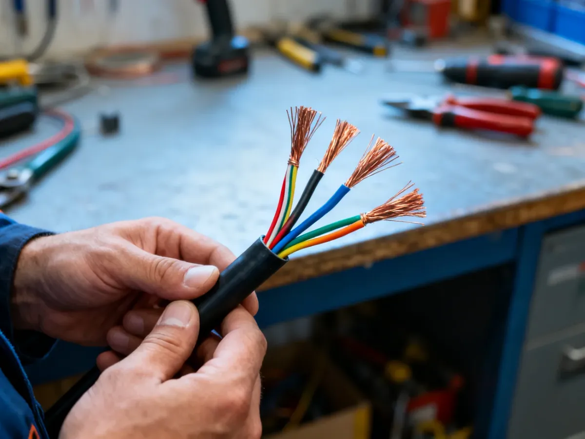 Dłonie elektryka trzymające przygotowany do podłączenia 4-żyłowy przewód z widocznymi kolorowymi izolacjami.