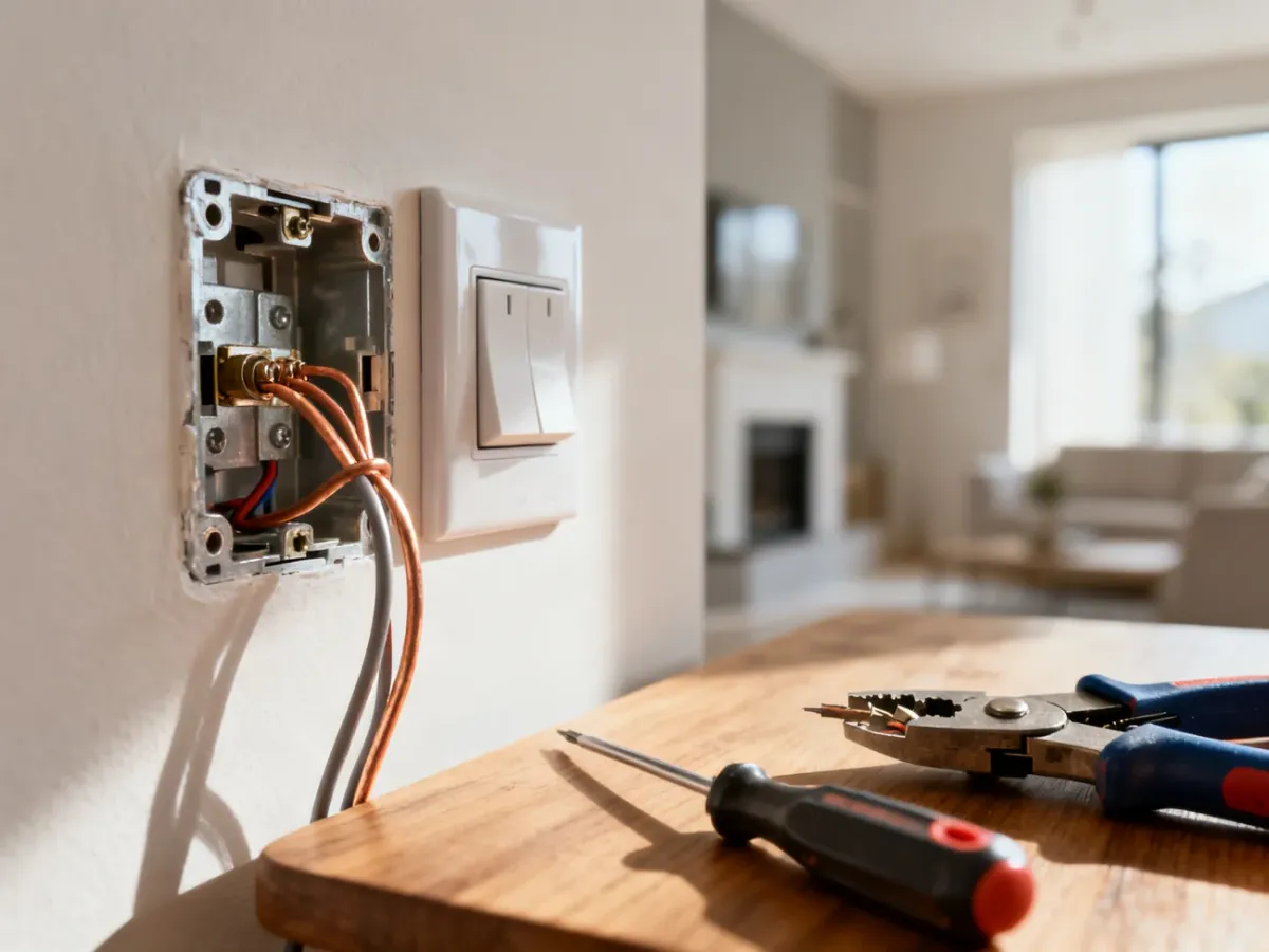 Zbliżenie na proces podłączania przewodów elektrycznych do włącznika światła przy użyciu profesjonalnych narzędzi.