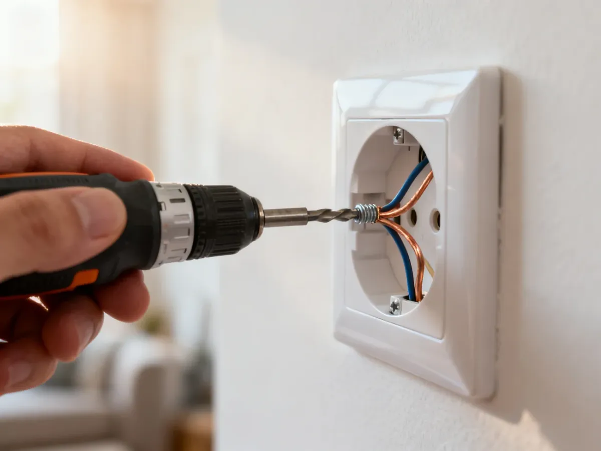 Dłoń dokręca śrubę wewnątrz gniazdka elektrycznego, mocując przewody miedziane w zaciskach.