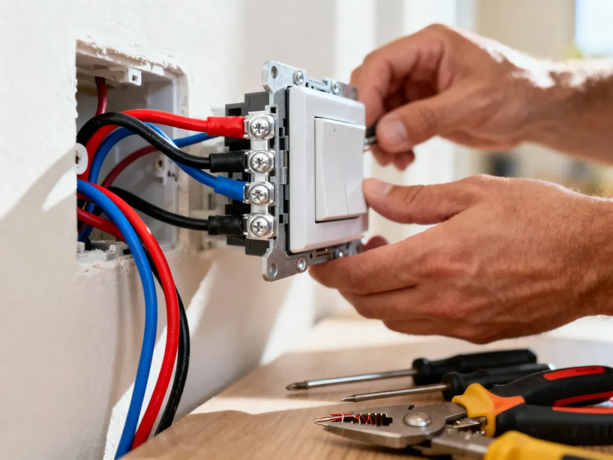 Dłonie elektryka podłączające kolorowe przewody do mechanizmu włącznika światła przy użyciu narzędzi.