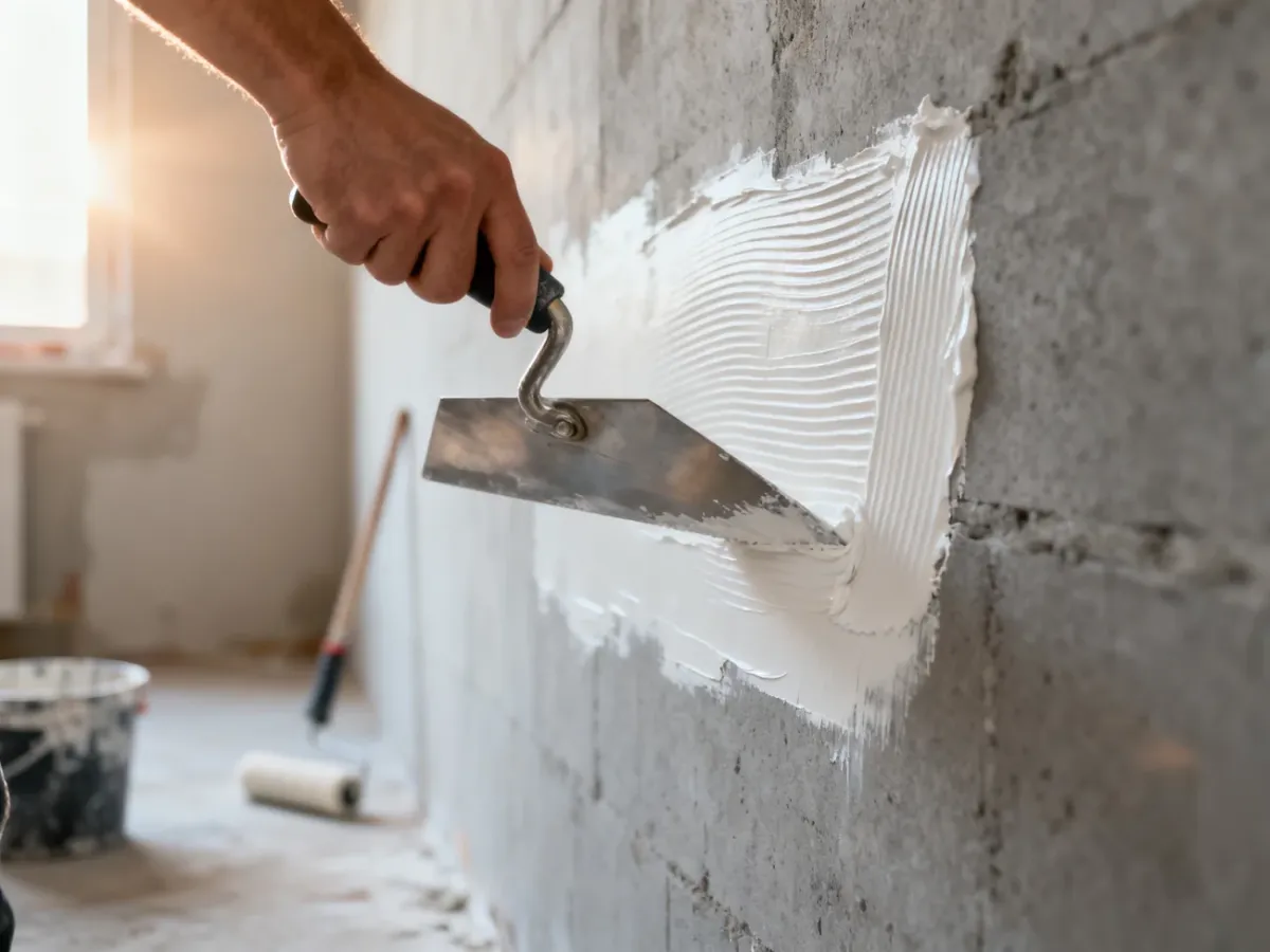 Profesjonalista nakłada białą gładź szpachlową na betonową ścianę za pomocą stalowej pacy.