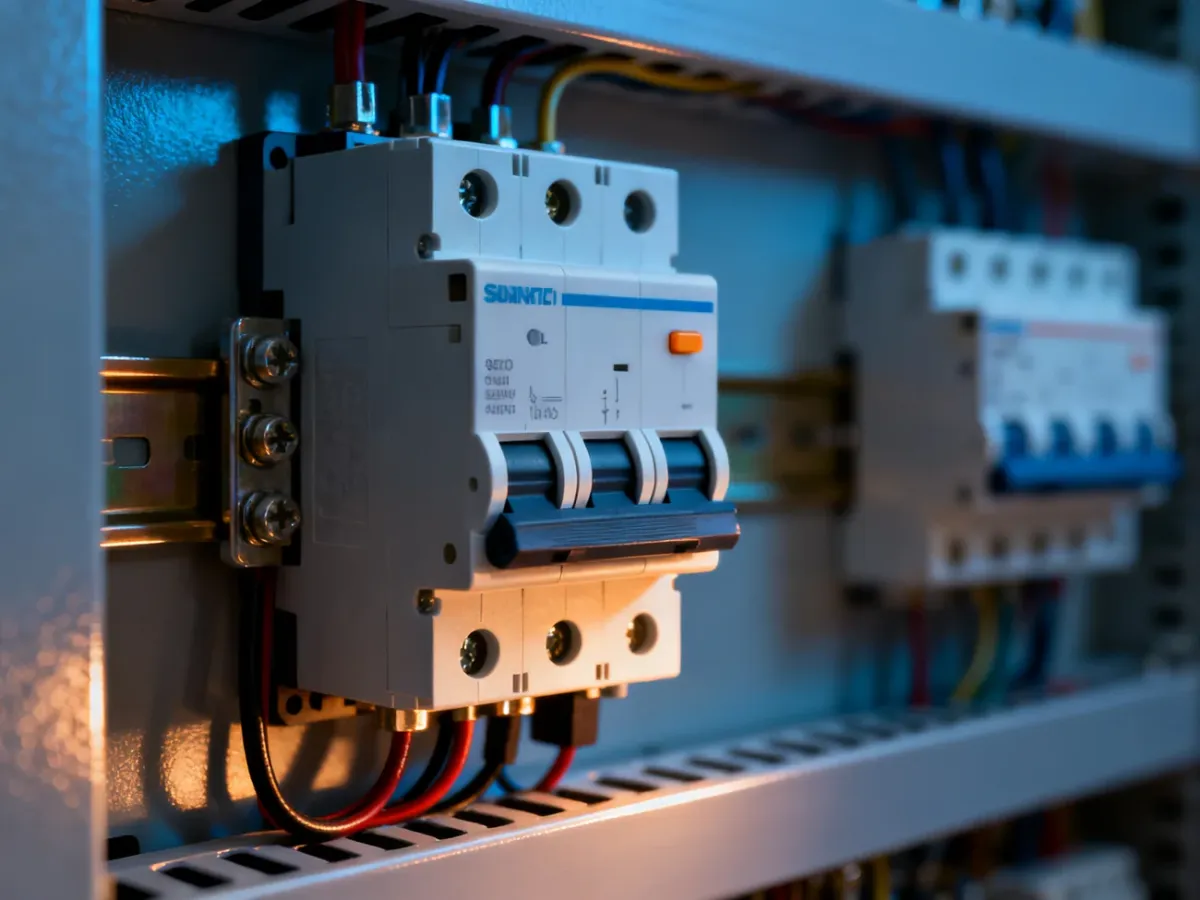 Trójfazowy wyłącznik różnicowoprądowy zamontowany na szynie DIN w rozdzielnicy elektrycznej.