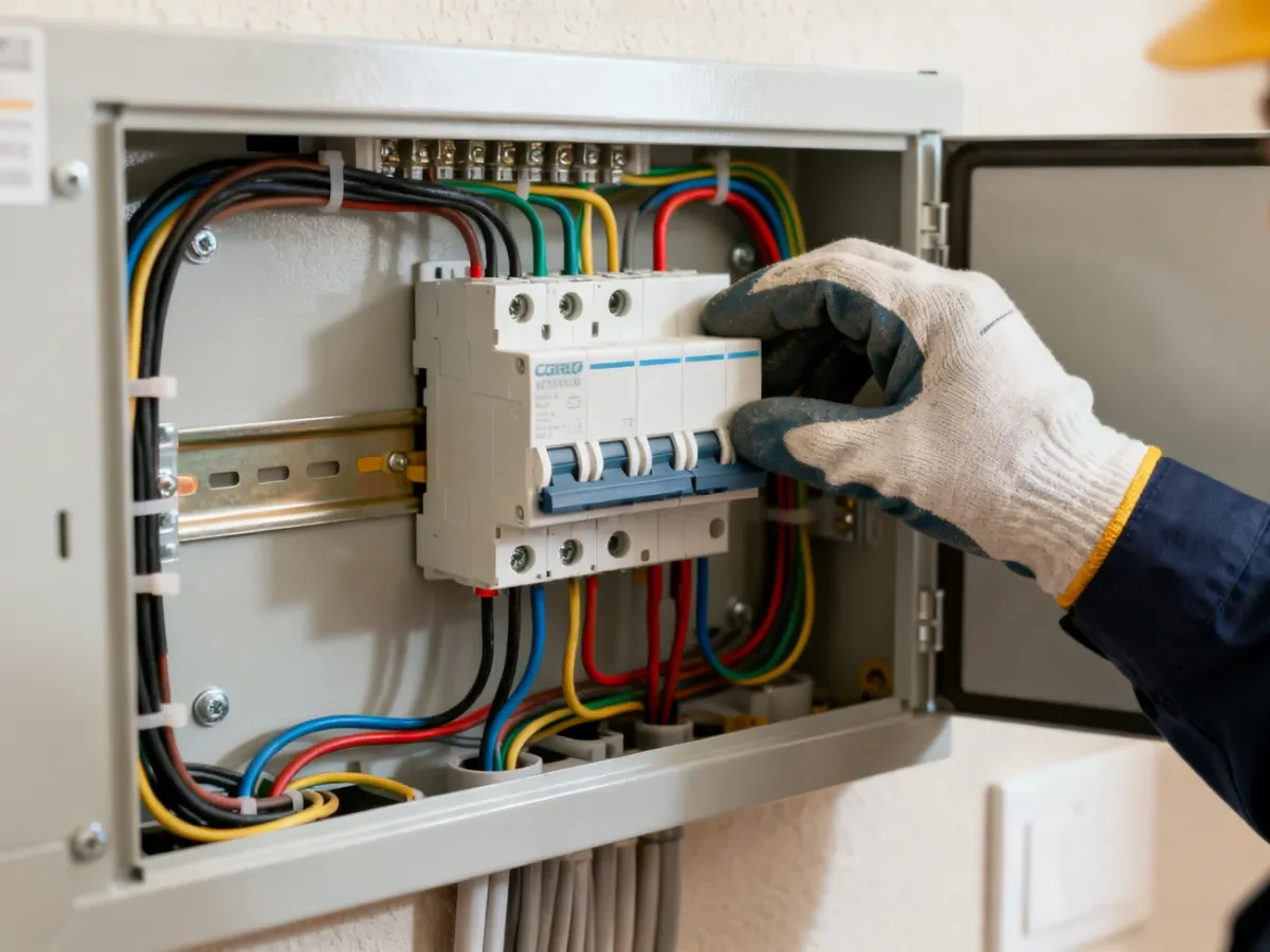 Elektryk sprawdza wyłączniki nadprądowe w domowej rozdzielnicy