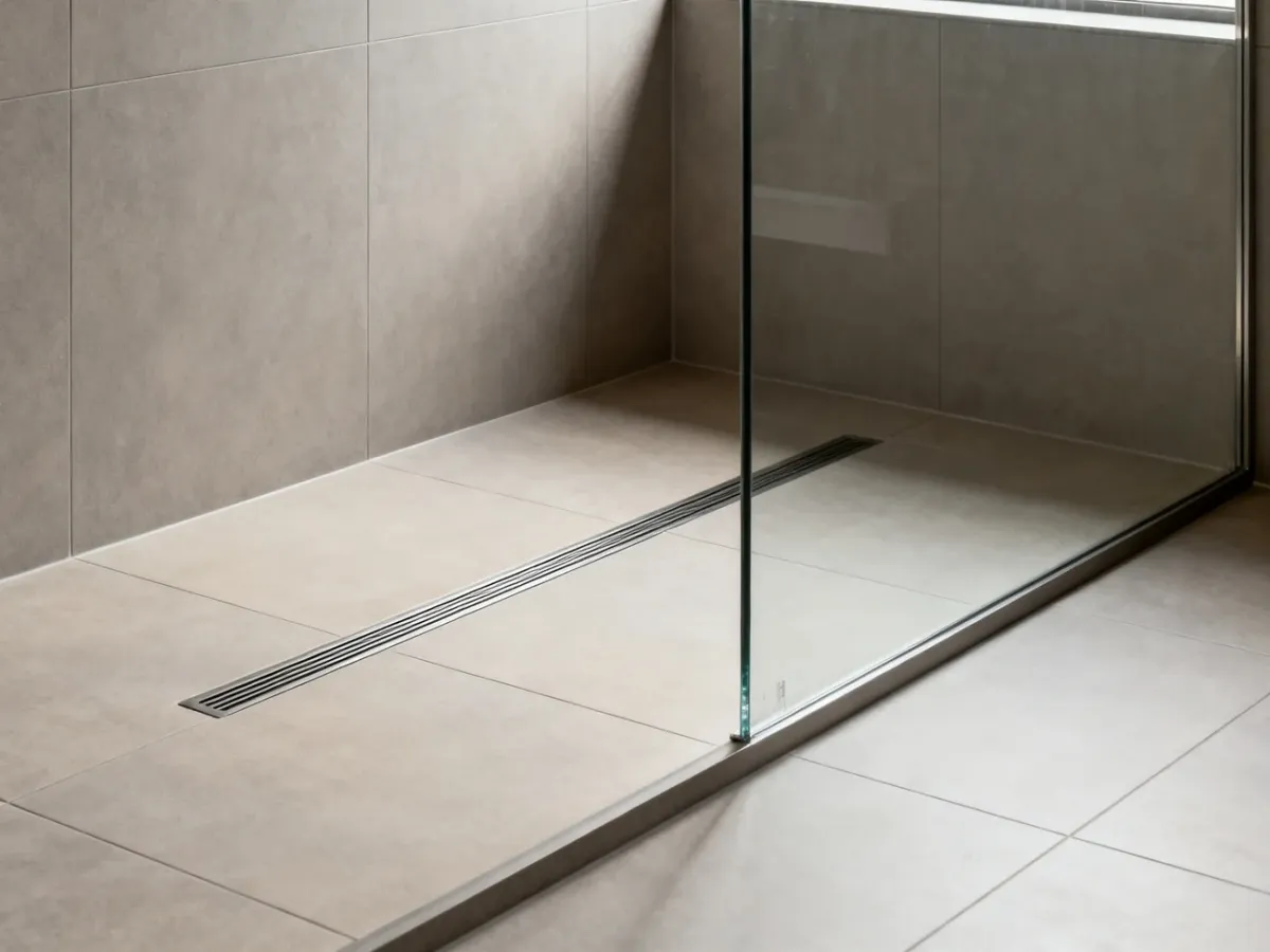 Minimalistowa łazienka z odpływem liniowym i kabiną walk-in