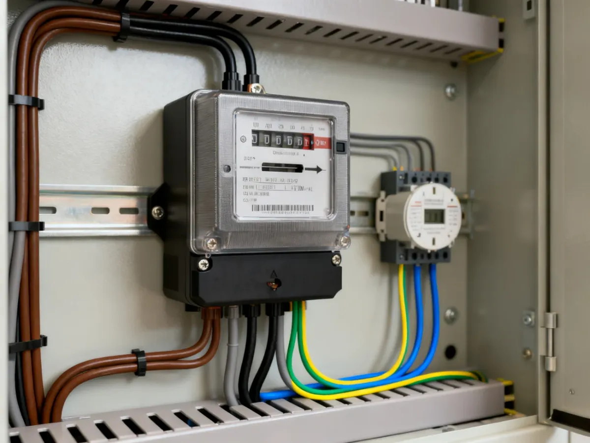 Trójfazowy podlicznik energii zamontowany w rozdzielnicy z uporządkowanymi przewodami i przekładnikami prądowymi