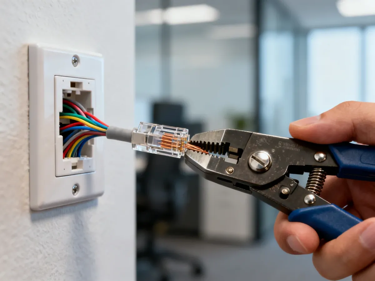 Dłoń montująca przewód Ethernet w gnieździe RJ45 przy użyciu zaciskarki, z widocznymi kolorowymi żyłami kabla.
