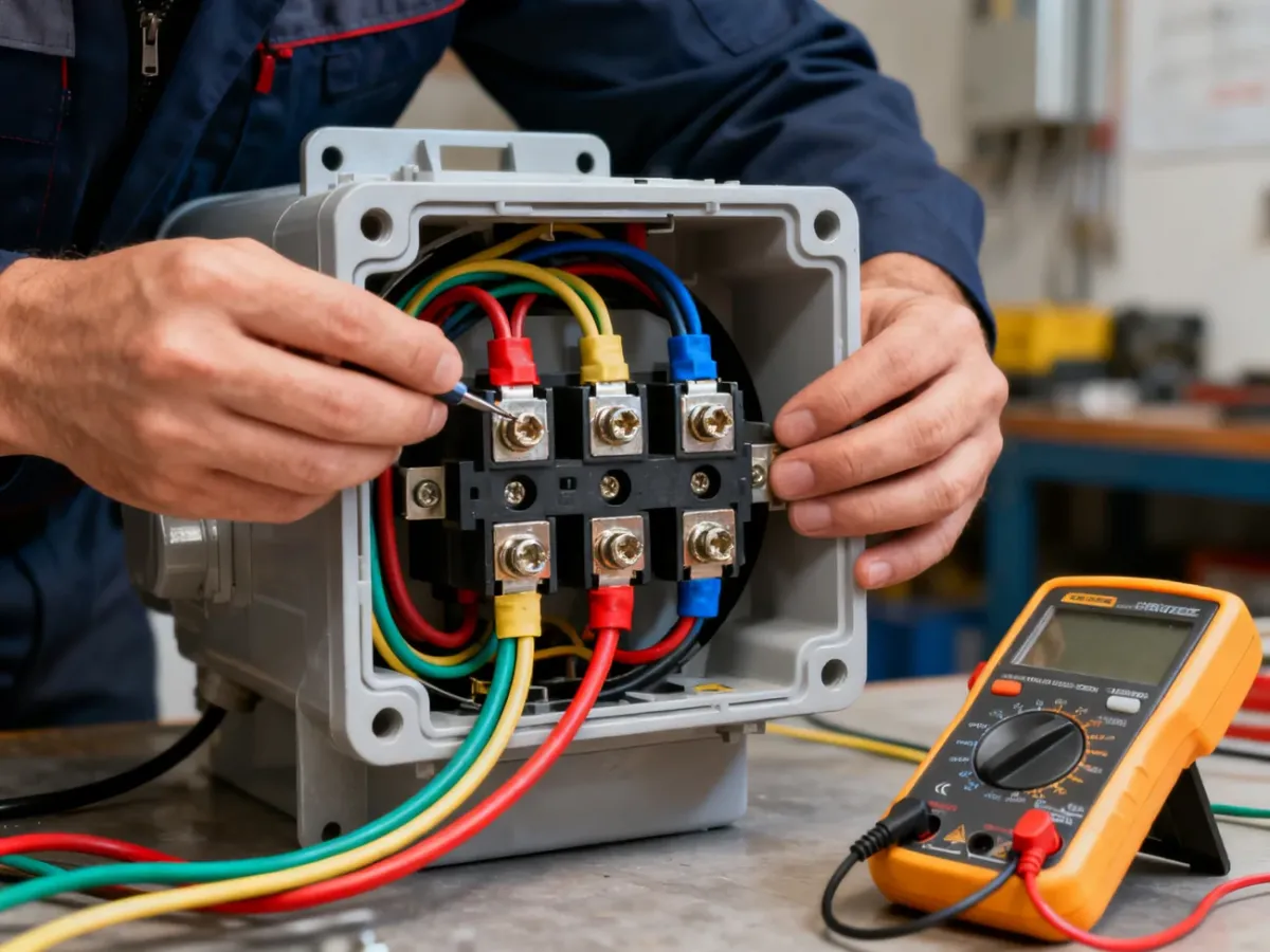 Elektryk sprawdzający zaciski i przewody w gnieździe trójfazowym CEE