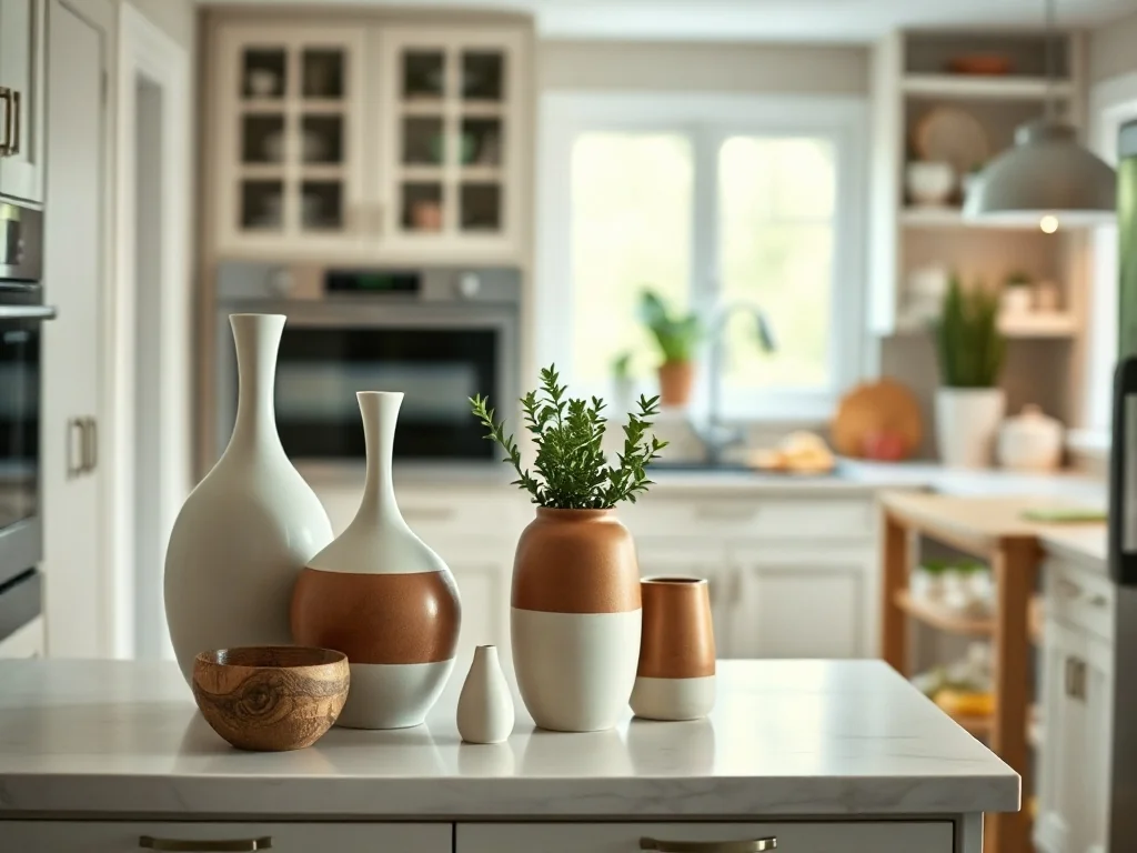 Stylowe ceramiczne wazony, doniczka z rośliną i drewniana misa estetycznie zaaranżowane na górnych szafkach kuchennych.