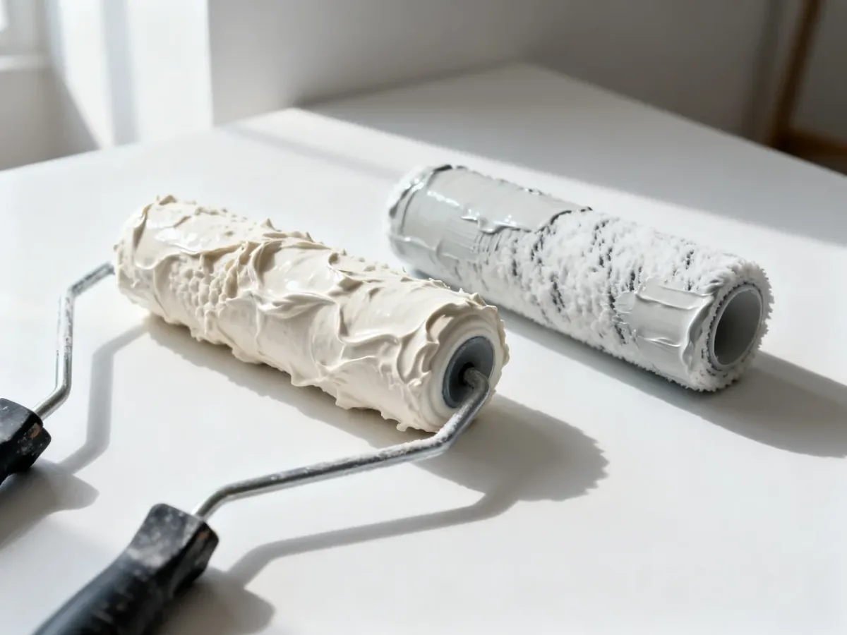 Dwa wałki malarskie z nałożoną farbą ceramiczną i lateksową, ukazujące różnice w fakturze obu produktów.