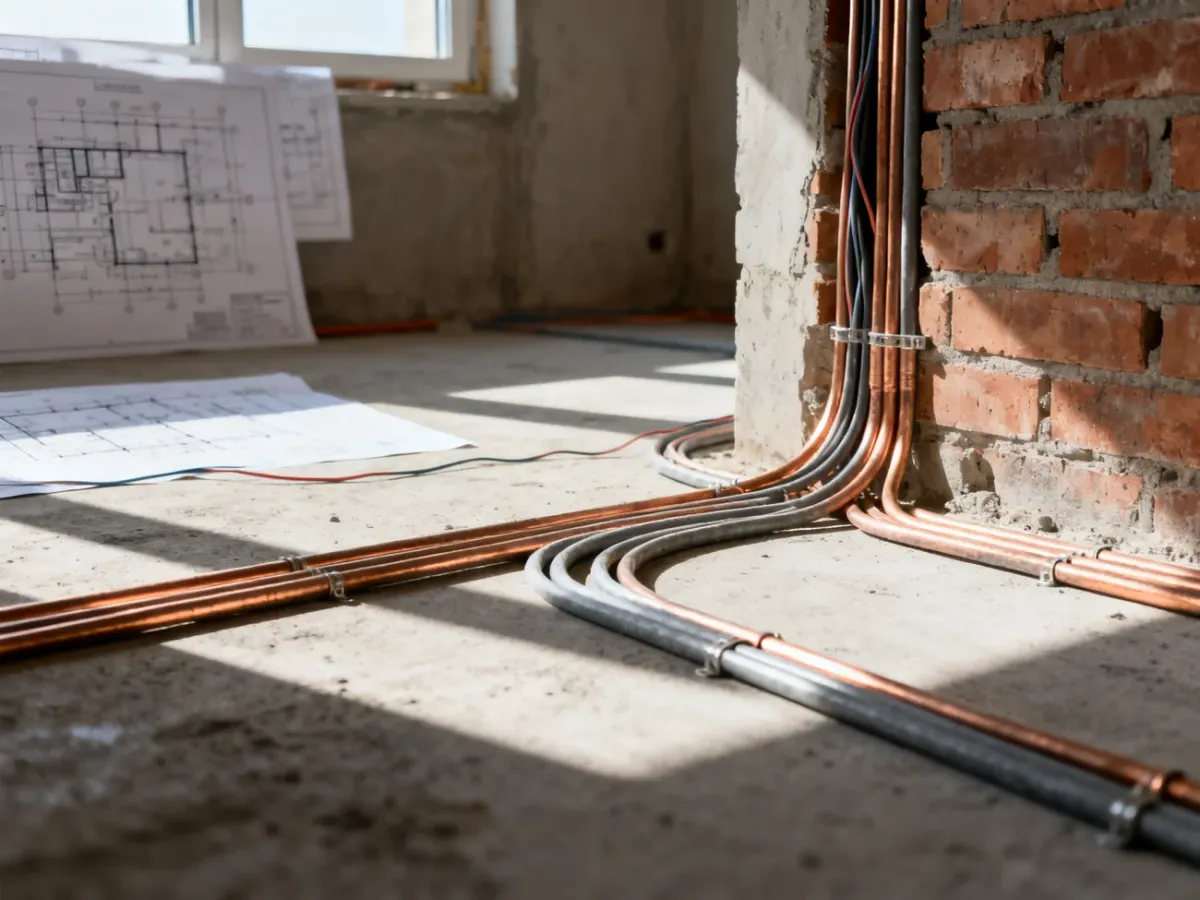 Instalacja elektryczna z przewodami rozprowadzonymi w betonowej podłodze i na ścianie w trakcie prac budowlanych.