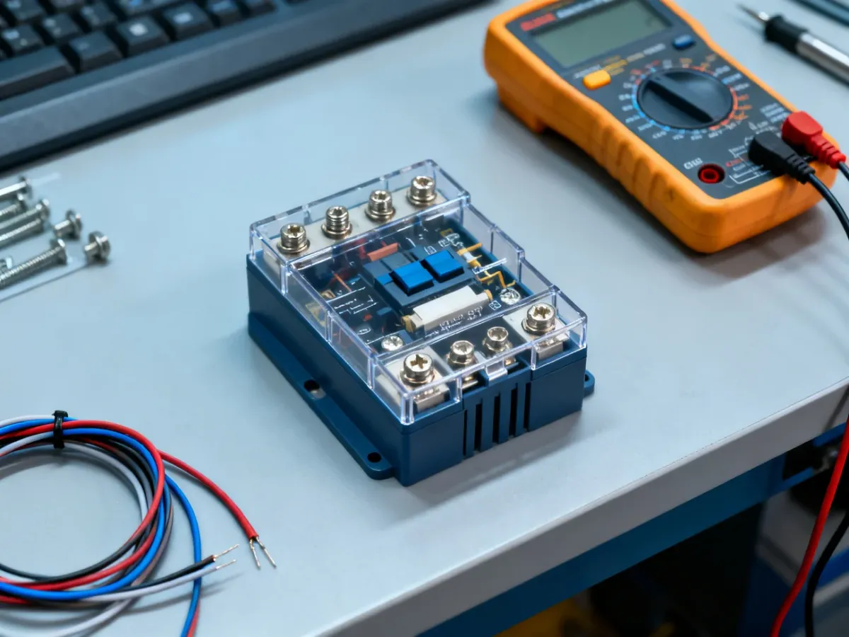 Moduł przekaźnika z zaciskami i multimetrem na stanowisku elektronicznym