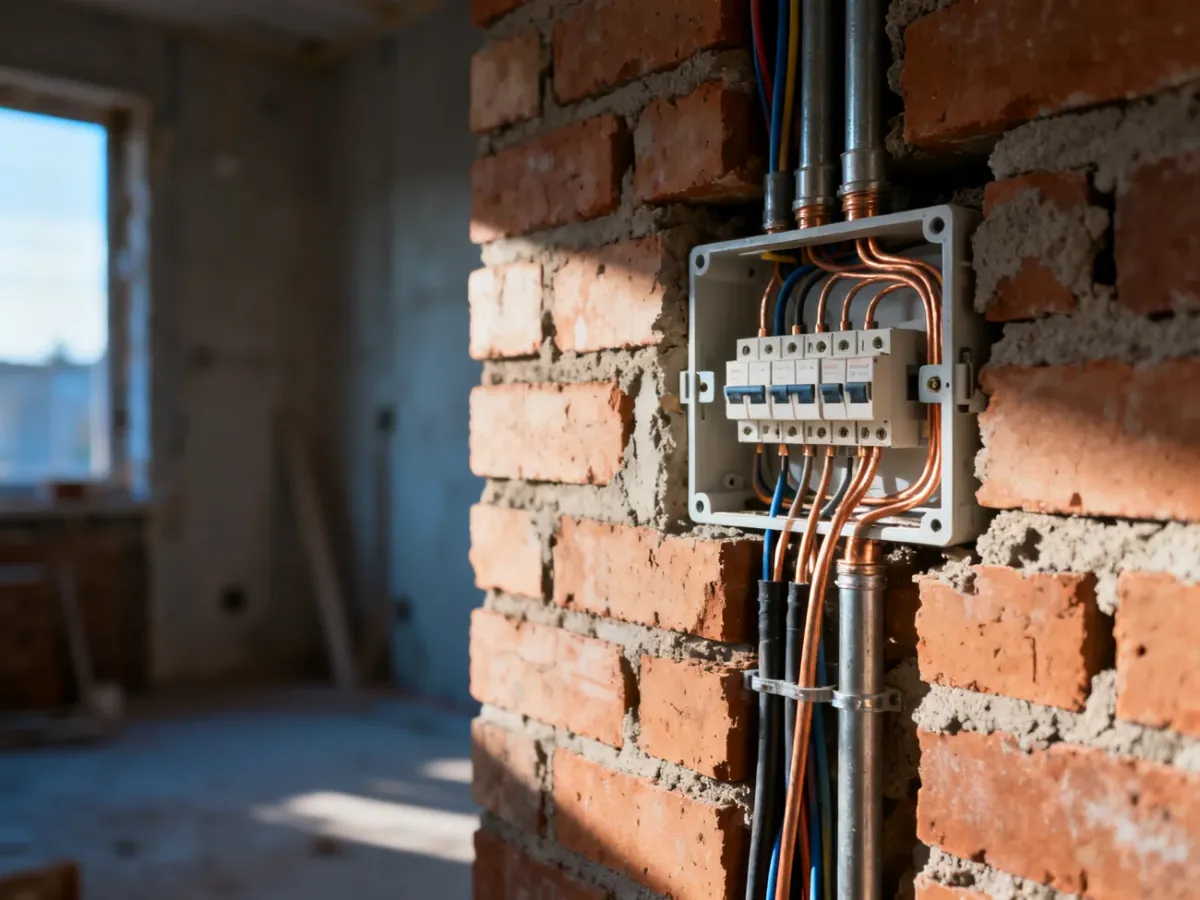 Profesjonalna instalacja elektryczna z puszką rozgałęźną w surowej ścianie z cegły podczas prac wykończeniowych.