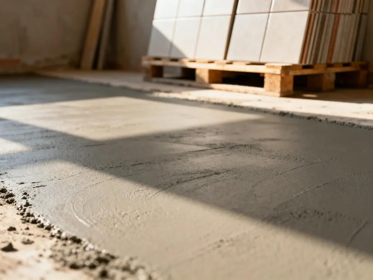 Świeżo wylana wylewka betonowa z ułożonymi w tle płytkami ceramicznymi, gotowymi do montażu.