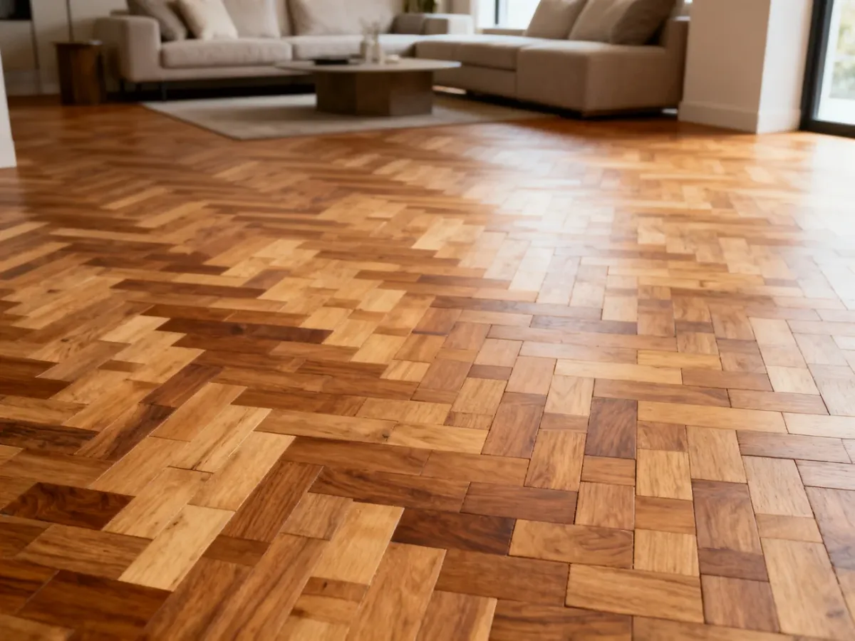 Natural wood parquet floor in a warm living room