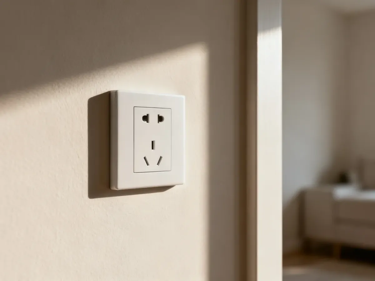 Nowoczesne gniazdko elektryczne zamontowane na gładkiej ścianie w minimalistycznym wnętrzu.
