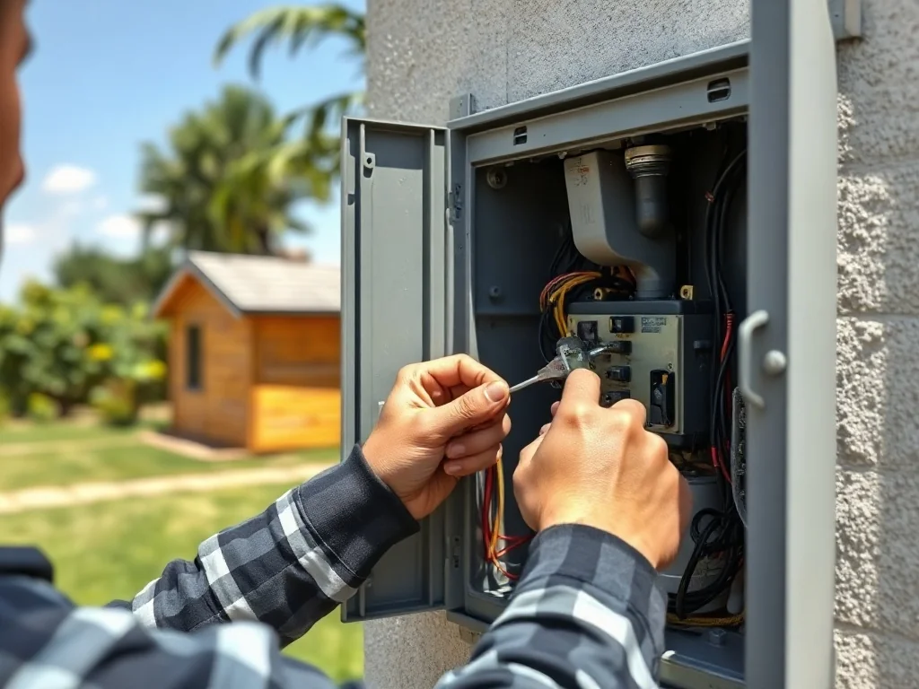 Elektryk montujący instalację w nowoczesnej skrzynce elektrycznej na działce w słoneczny dzień.