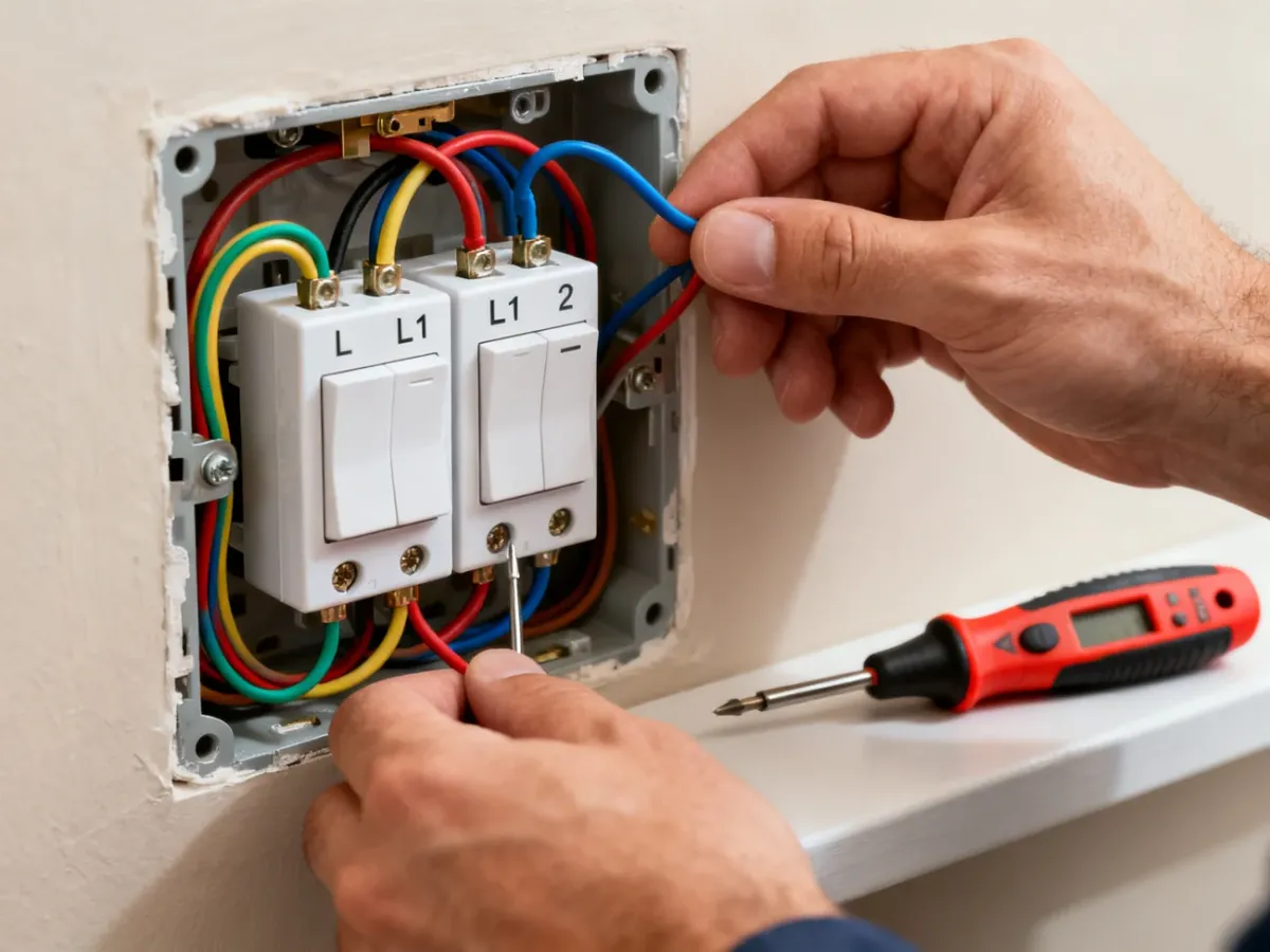 Elektryk podłącza podwójny włącznik światła w puszce elektrycznej