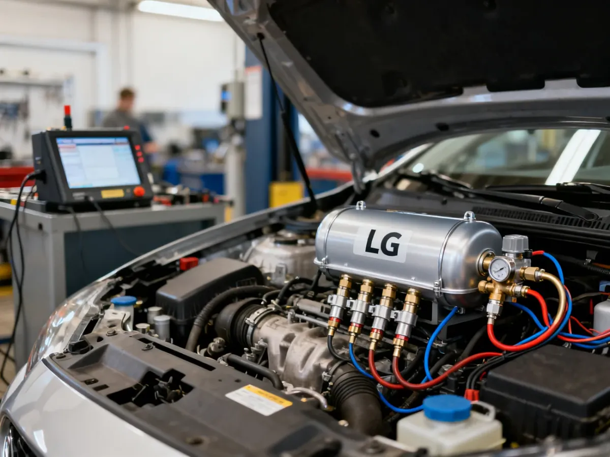 Mechanik sprawdzający instalację LPG w komorze silnika samochodu