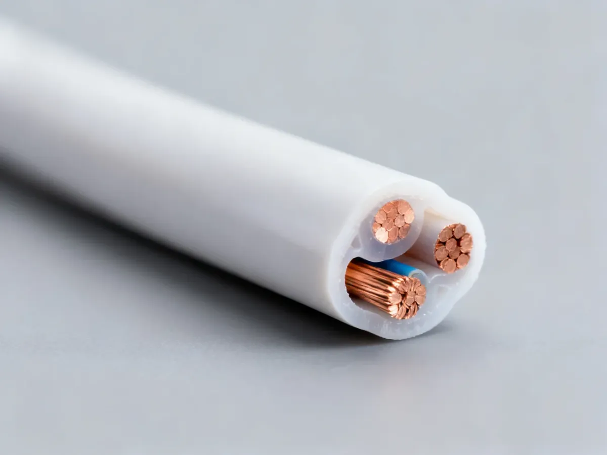 Zbliżenie na przekrój białego przewodu elektrycznego 2x1,5 mm² z widocznymi miedzianymi żyłami na szarym tle.