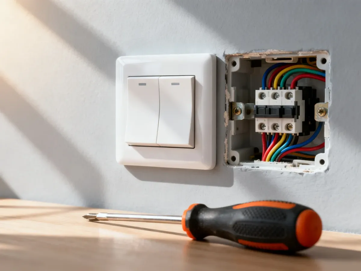 Nowoczesny włącznik światła z otwartą puszką instalacyjną i widocznym okablowaniem oraz śrubokrętem na jasnej ścianie.