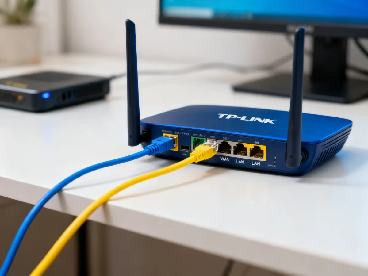 Router TP-Link z podłączonymi kablami Ethernet do portów WAN i LAN