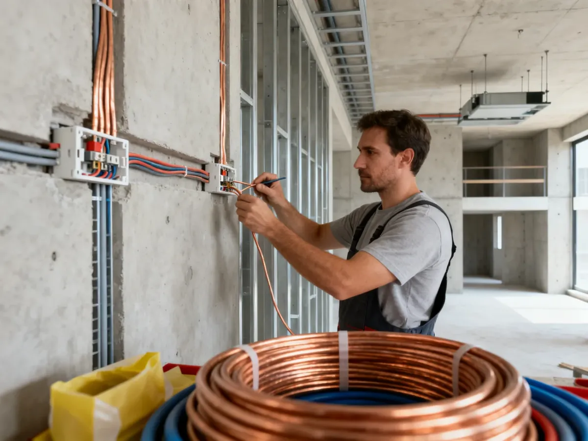 Elektryk prowadzący nowe przewody elektryczne w mieszkaniu podczas remontu