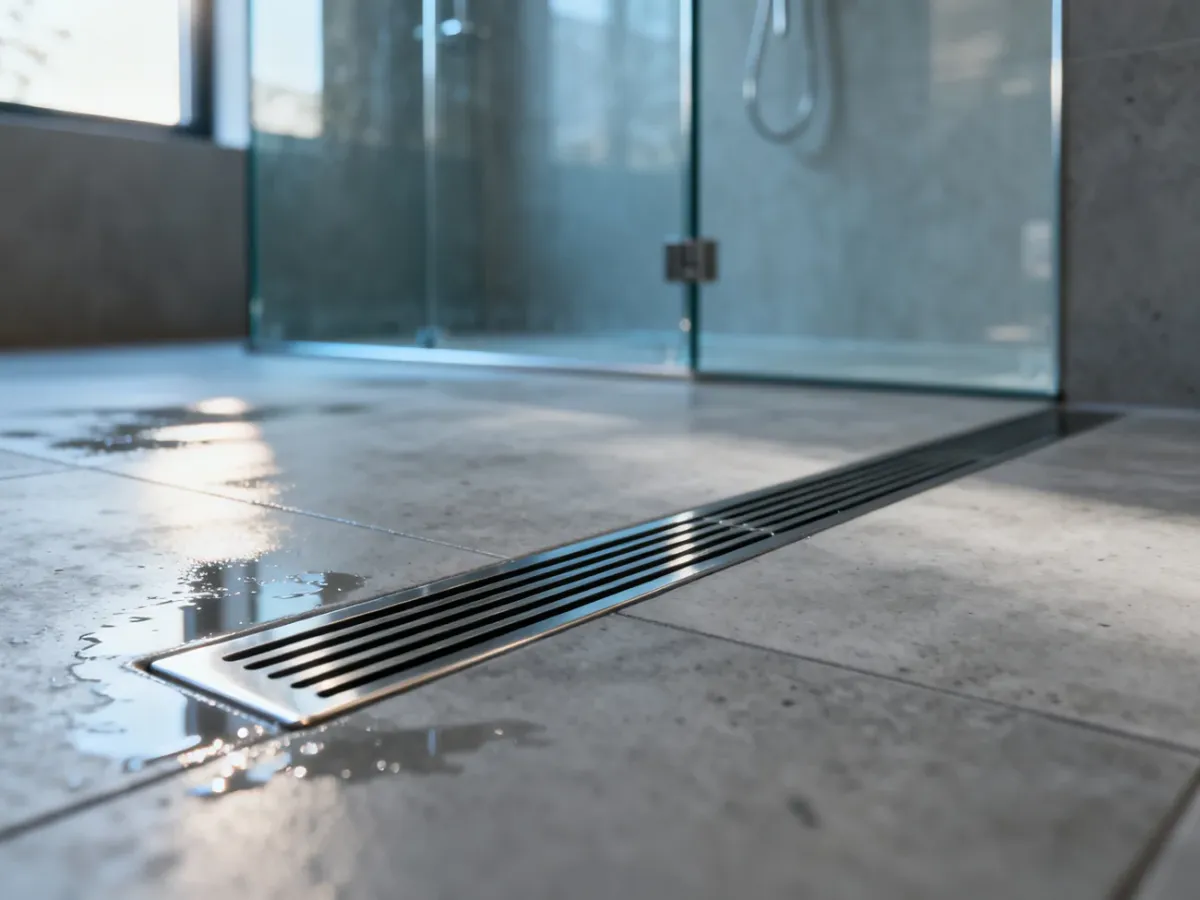 Nowoczesny odpływ liniowy wbudowany w betonową podłogę prysznica typu walk-in w minimalistycznej łazience.
