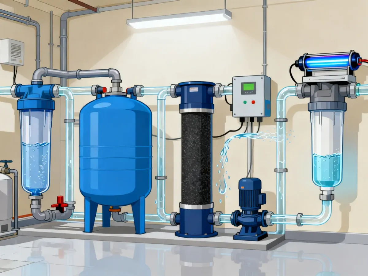Domowa instalacja uzdatniania wody z filtrami ustawionymi w logicznej kolejności