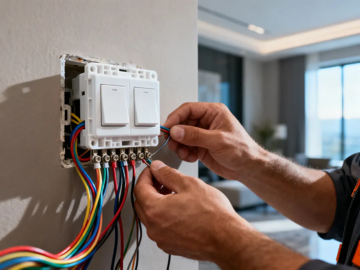 Dłonie elektryka podłączające przewody do podwójnego włącznika światła na ścianie.
