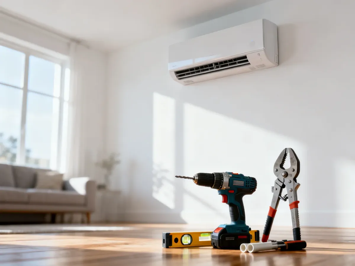 Nowoczesna jednostka wewnętrzna klimatyzacji zamontowana na ścianie oraz profesjonalne narzędzia instalacyjne na podłodze.
