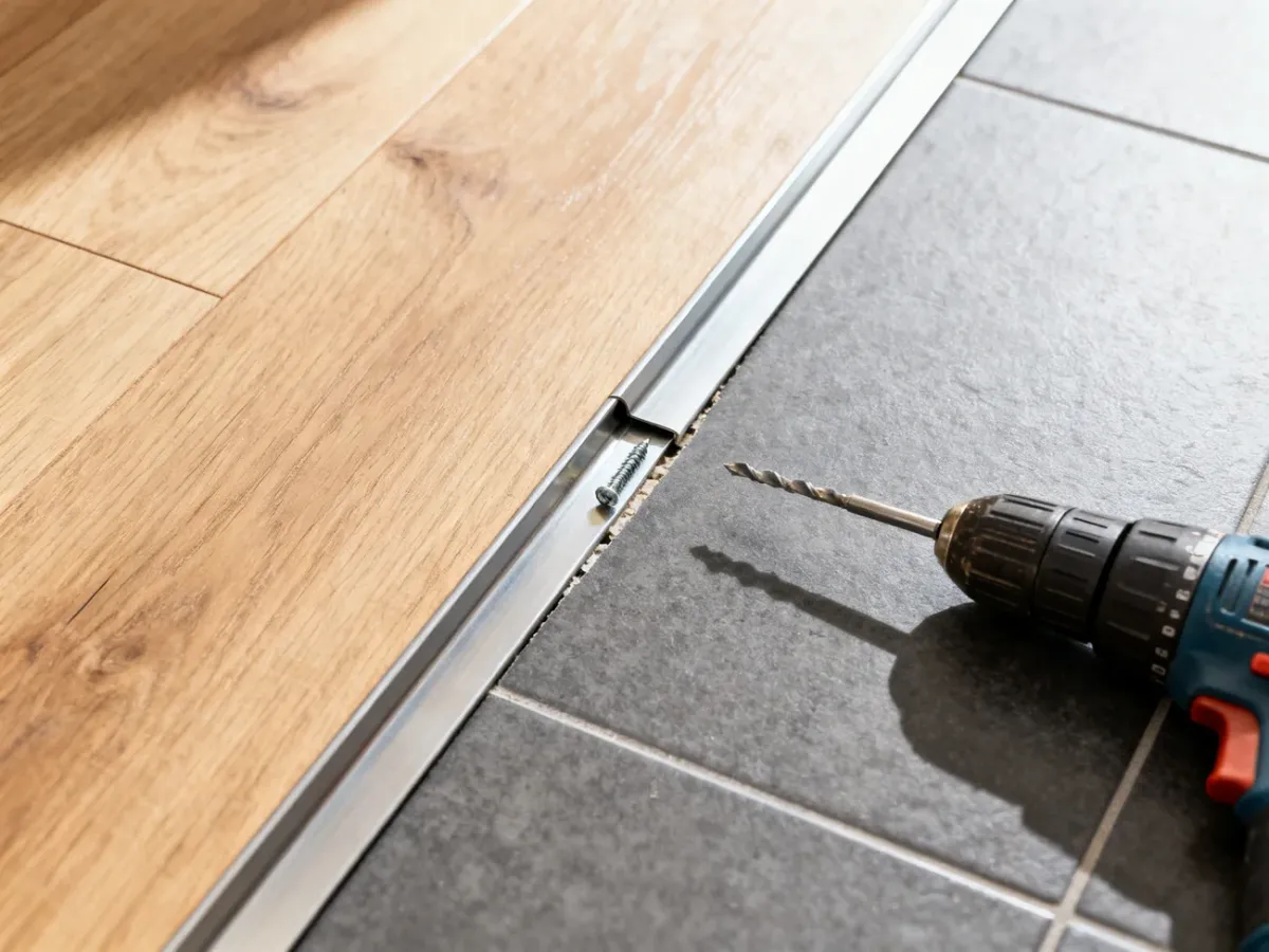 Metalowa listwa progowa łącząca jasne panele z ciemnymi płytkami oraz narzędzia montażowe przygotowane do pracy.