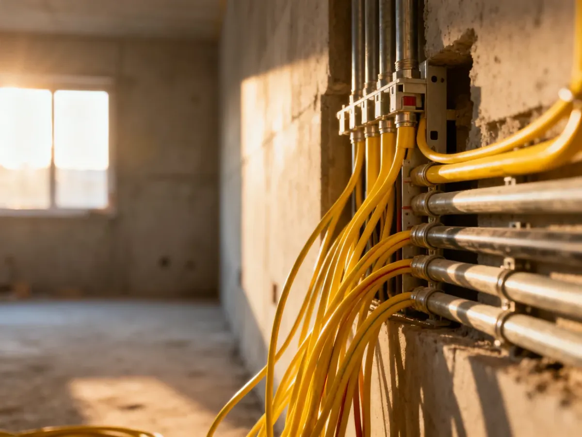 Profesjonalnie ułożone przewody elektryczne w ścianie domu w trakcie prac instalacyjnych.