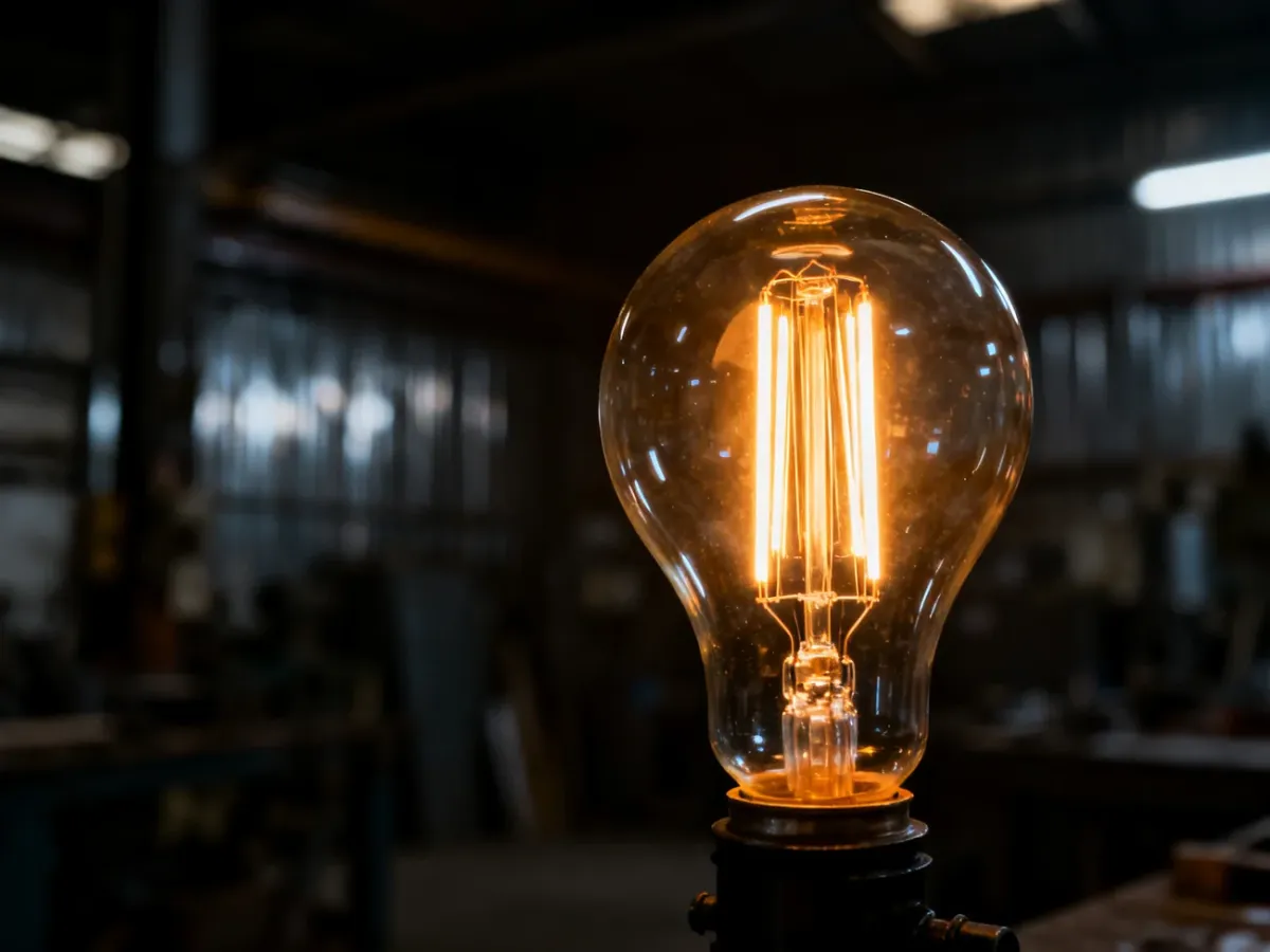 Nowoczesna żarówka LED świecąca ciepłym światłem na tle ciemnego, industrialnego wnętrza.
