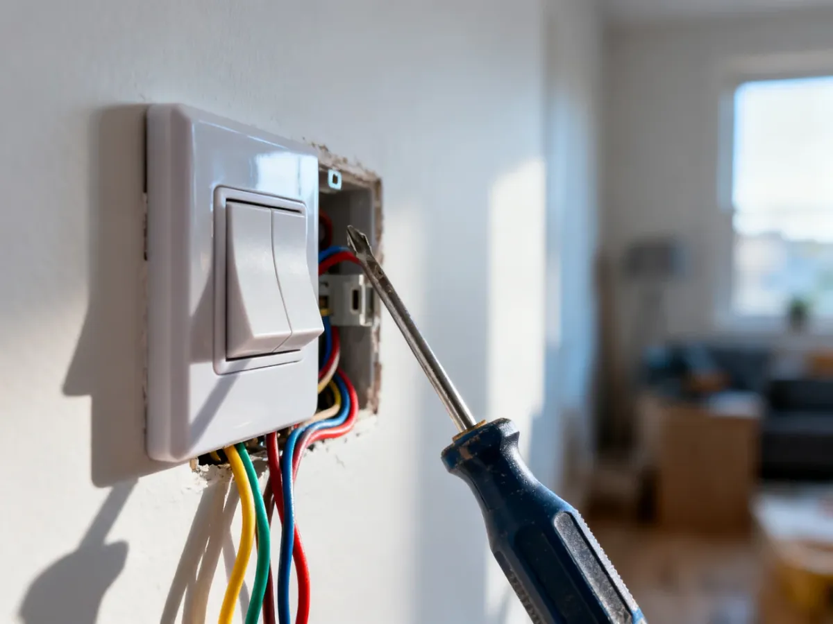 Nowoczesny włącznik światła na ścianie z widocznymi przewodami i śrubokrętem, ilustrujący proces montażu instalacji.